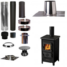 Houtkachel FUNNY Zwart met set VERANDA plat dak 0-5 graden Ø130mm DINAK incl regenkap en enkelwandig materiaal | 123rookkanaal
