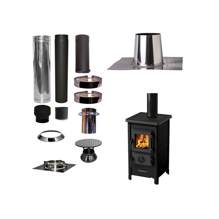 Houtkachel FUNNY Zwart met set VERANDA plat dak 0-5 graden Ø130mm DINAK incl regenkap en enkelwandig materiaal | 123rookkanaal