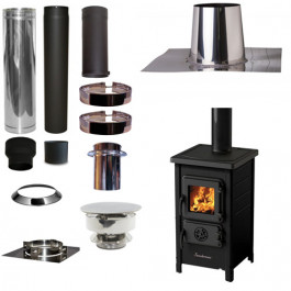 Houtkachel FUNNY Zwart met set VERANDA plat dak 0-5 graden Ø130mm DINAK incl trekkap en enkelwandig materiaal | 123rookkanaal