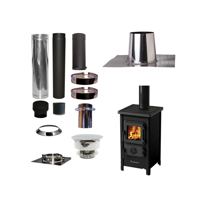 Houtkachel FUNNY Zwart met set VERANDA plat dak 0-5 graden Ø130mm DINAK incl trekkap en enkelwandig materiaal | 123rookkanaal