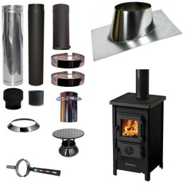Houtkachel FUNNY Zwart met set VERANDA schuin dak 5-25 graden Ø130mm DINAK incl regenkap en enkelwandig materiaal | 123rookka...