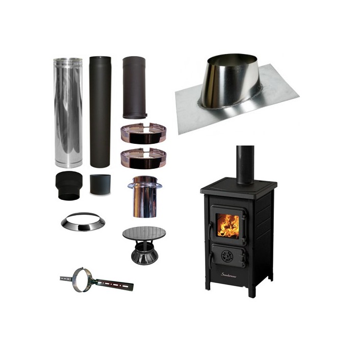 Houtkachel FUNNY Zwart met set VERANDA schuin dak 5-25 graden Ø130mm DINAK incl regenkap en enkelwandig materiaal | 123rookka...