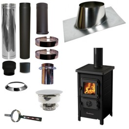 Houtkachel FUNNY Zwart met set VERANDA schuin dak 5-25 graden Ø130mm DINAK incl trekkap en enkelwandig materiaal | 123rookkanaal