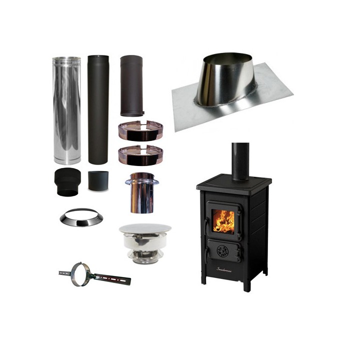 Houtkachel FUNNY Zwart met set VERANDA schuin dak 5-25 graden Ø130mm DINAK incl trekkap en enkelwandig materiaal | 123rookkanaal