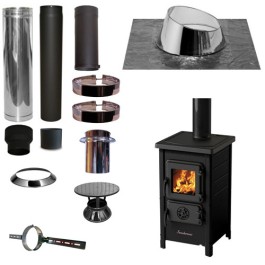 Houtkachel FUNNY Zwart met set KAPSCHUUR loodslab 5-30 graden Ø130mm DINAK incl regenkap en enkelwandig materiaal | 123rookka...