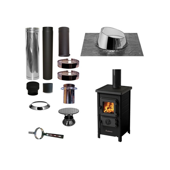 Houtkachel FUNNY Zwart met set KAPSCHUUR loodslab 5-30 graden Ø130mm DINAK incl regenkap en enkelwandig materiaal | 123rookka...