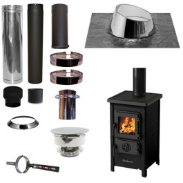 Houtkachel FUNNY Zwart met set KAPSCHUUR loodslab 5-30 graden Ø130mm DINAK incl trekkap en enkelwandig materiaal | 123rookkanaal