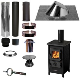 Houtkachel FUNNY Zwart met set KAPSCHUUR loodslab 30-45 graden Ø130mm DINAK incl regenkap en enkelwandig materiaal | 123rookk...