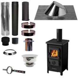 Houtkachel FUNNY Zwart met set KAPSCHUUR loodslab 30-45 graden Ø130mm DINAK incl trekkap en enkelwandig materiaal | 123rookka...