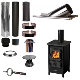 Houtkachel FUNNY Zwart met set KAPSCHUUR loodslab 46-60 graden Ø130mm DINAK incl regenkap en enkelwandig materiaal | 123rookk...