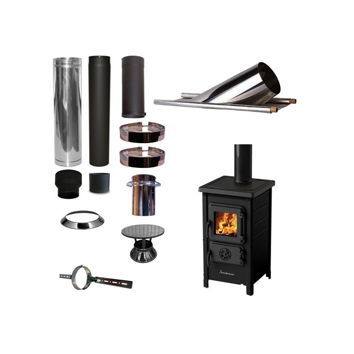 Houtkachel FUNNY Zwart met set KAPSCHUUR loodslab 46-60 graden Ø130mm DINAK incl regenkap en enkelwandig materiaal | 123rookk...