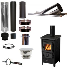 Houtkachel FUNNY Zwart met set KAPSCHUUR loodslab 46-60 graden Ø130mm DINAK incl trekkap en enkelwandig materiaal | 123rookka...