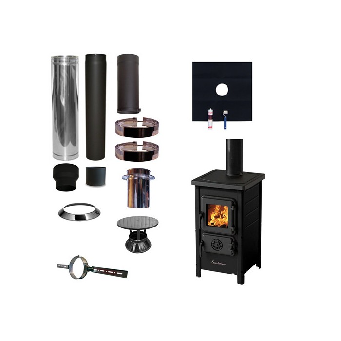 Houtkachel FUNNY Zwart met set EPDM rookkanaal Ø130mm DINAK incl regenkap en enkelwandig materiaal | 123rookkanaal