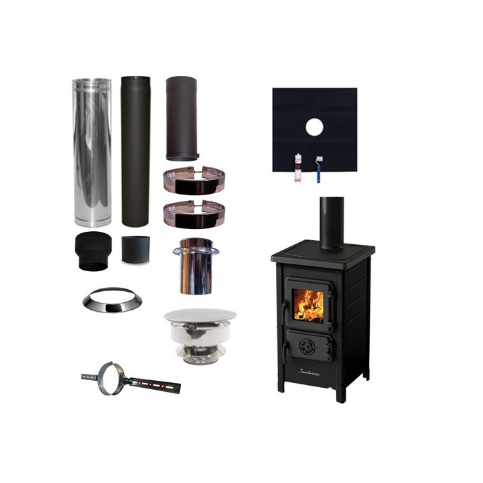Houtkachel FUNNY Zwart met set EPDM rookkanaal Ø130mm DINAK incl trekkap en enkelwandig materiaal | 123rookkanaal
