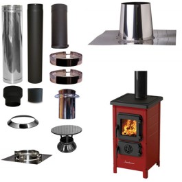 Houtkachel FUNNY Rood met set VERANDA plat dak 0-5 graden Ø130mm DINAK incl regenkap en enkelwandig materiaal | 123rookkanaal