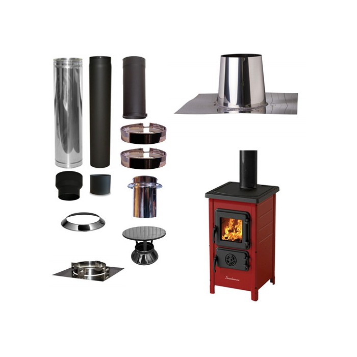 Houtkachel FUNNY Rood met set VERANDA plat dak 0-5 graden Ø130mm DINAK incl regenkap en enkelwandig materiaal | 123rookkanaal