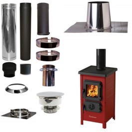 Houtkachel FUNNY Rood met set VERANDA plat dak 0-5 graden Ø130mm DINAK incl trekkap en enkelwandig materiaal | 123rookkanaal