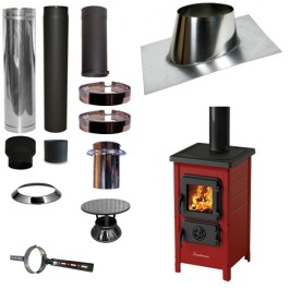 Houtkachel FUNNY Rood met set VERANDA schuin dak 5-25 graden Ø130mm DINAK incl regenkap en enkelwandig materiaal | 123rookkanaal