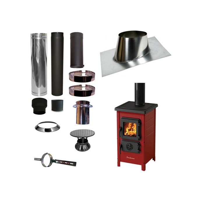 Houtkachel FUNNY Rood met set VERANDA schuin dak 5-25 graden Ø130mm DINAK incl regenkap en enkelwandig materiaal | 123rookkanaal