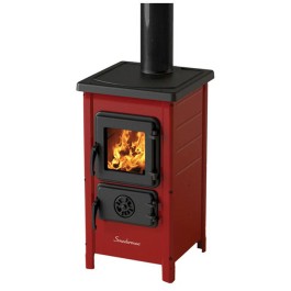Houtkachel FUNNY Rood met set VERANDA schuin dak 5-25 graden Ø130mm DINAK incl trekkap en enkelwandig materiaal | 123rookkanaal