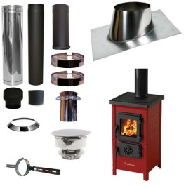Houtkachel FUNNY Rood met set VERANDA schuin dak 5-25 graden Ø130mm DINAK incl trekkap en enkelwandig materiaal | 123rookkanaal