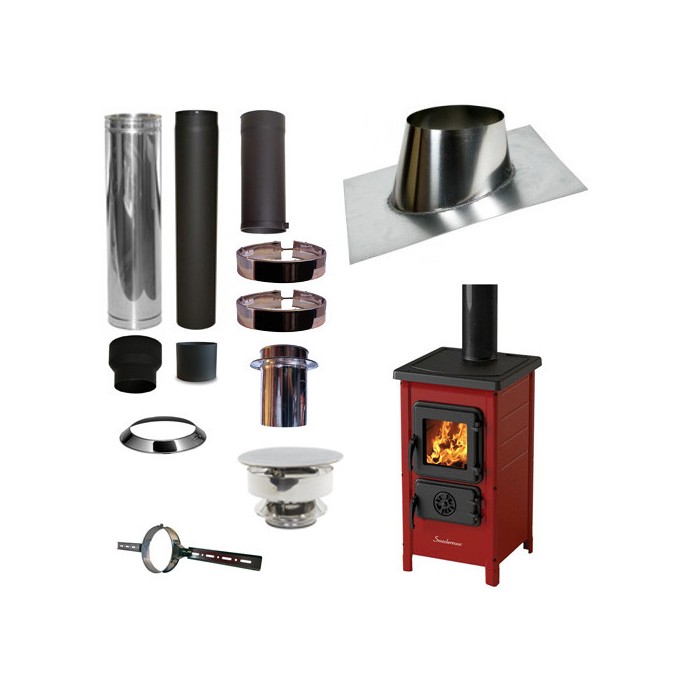 Houtkachel FUNNY Rood met set VERANDA schuin dak 5-25 graden Ø130mm DINAK incl trekkap en enkelwandig materiaal | 123rookkanaal