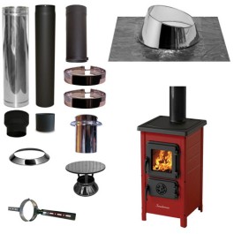 Houtkachel FUNNY Rood met set KAPSCHUUR loodslab 5-30 graden Ø130mm DINAK incl regenkap en enkelwandig materiaal | 123rookkanaal