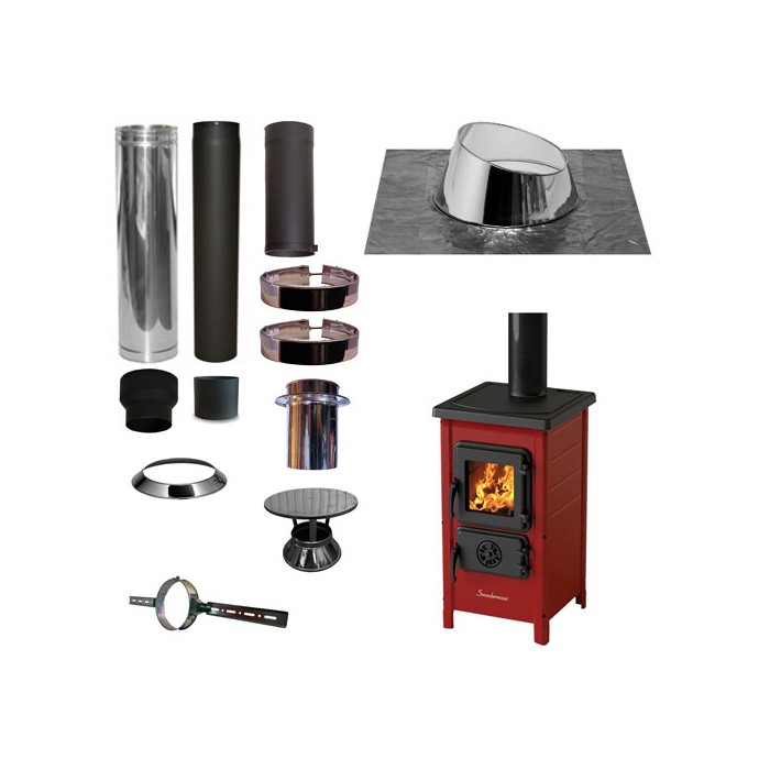 Houtkachel FUNNY Rood met set KAPSCHUUR loodslab 5-30 graden Ø130mm DINAK incl regenkap en enkelwandig materiaal | 123rookkanaal