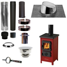 Houtkachel FUNNY Rood met set KAPSCHUUR loodslab 5-30 graden Ø130mm DINAK incl trekkap en enkelwandig materiaal | 123rookkanaal