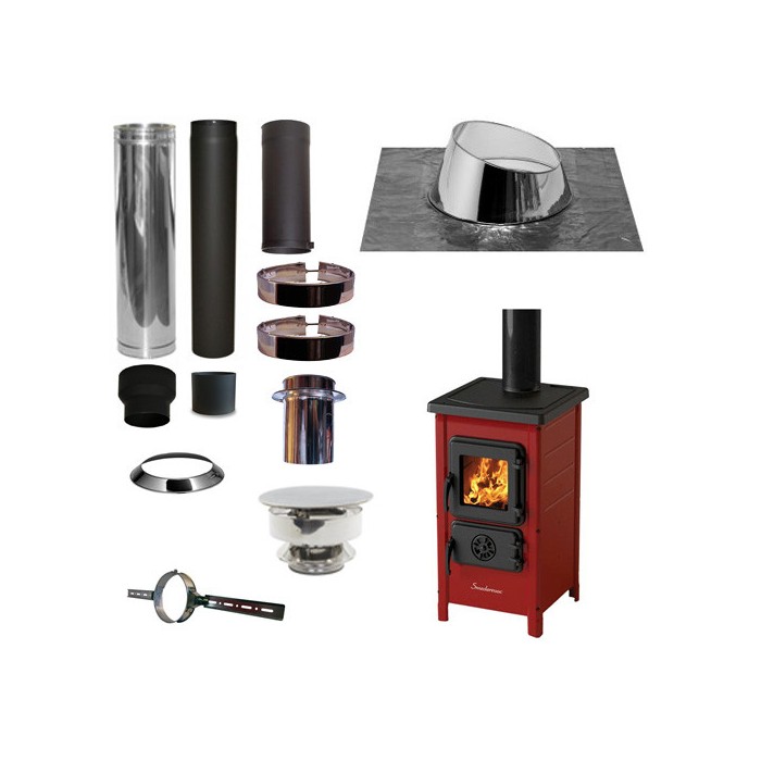 Houtkachel FUNNY Rood met set KAPSCHUUR loodslab 5-30 graden Ø130mm DINAK incl trekkap en enkelwandig materiaal | 123rookkanaal