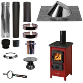 Houtkachel FUNNY Rood met set KAPSCHUUR loodslab 30-45 graden Ø130mm DINAK incl regenkap en enkelwandig materiaal | 123rookka...