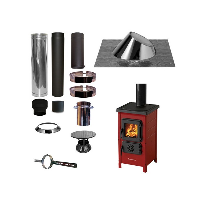 Houtkachel FUNNY Rood met set KAPSCHUUR loodslab 30-45 graden Ø130mm DINAK incl regenkap en enkelwandig materiaal | 123rookka...