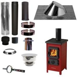 Houtkachel FUNNY Rood met set KAPSCHUUR loodslab 30-45 graden Ø130mm DINAK incl trekkap en enkelwandig materiaal | 123rookkanaal