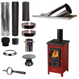 Houtkachel FUNNY Rood met set KAPSCHUUR loodslab 46-60 graden Ø130mm DINAK incl regenkap en enkelwandig materiaal | 123rookka...