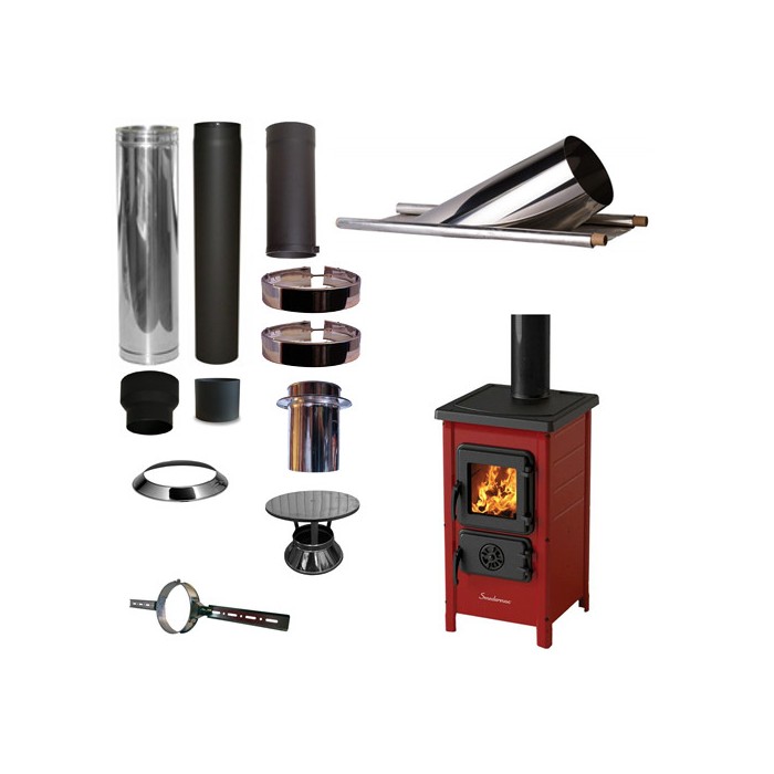Houtkachel FUNNY Rood met set KAPSCHUUR loodslab 46-60 graden Ø130mm DINAK incl regenkap en enkelwandig materiaal | 123rookka...