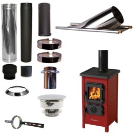 Houtkachel FUNNY Rood met set KAPSCHUUR loodslab 46-60 graden Ø130mm DINAK incl trekkap en enkelwandig materiaal | 123rookkanaal