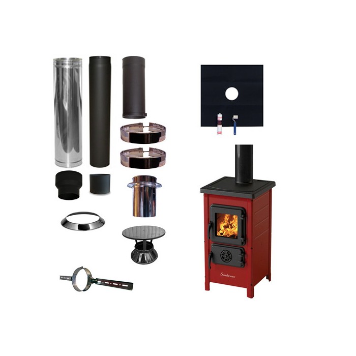 Houtkachel FUNNY Rood met set EPDM rookkanaal Ø130mm DINAK incl regenkap en enkelwandig materiaal | 123rookkanaal