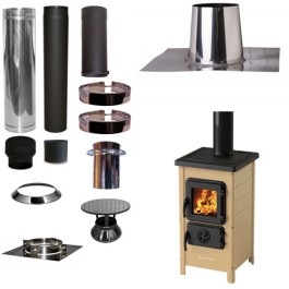 Houtkachel FUNNY Creme met set VERANDA plat dak 0-5 graden Ø130mm DINAK incl regenkap en enkelwandig materiaal | 123rookkanaal
