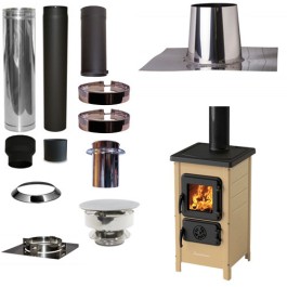 Houtkachel FUNNY Creme met set VERANDA plat dak 0-5 graden Ø130mm DINAK incl trekkap en enkelwandig materiaal | 123rookkanaal