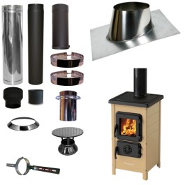 Houtkachel FUNNY Creme met set VERANDA schuin dak 5-25 graden Ø130mm DINAK incl regenkap en enkelwandig materiaal | 123rookka...
