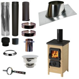 Houtkachel FUNNY Creme met set VERANDA schuin dak 5-25 graden Ø130mm DINAK incl trekkap en enkelwandig materiaal | 123rookkanaal
