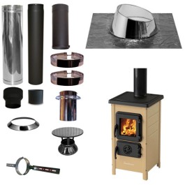 Houtkachel FUNNY Creme met set KAPSCHUUR loodslab 5-30 graden Ø130mm DINAK incl regenkap en enkelwandig materiaal | 123rookka...