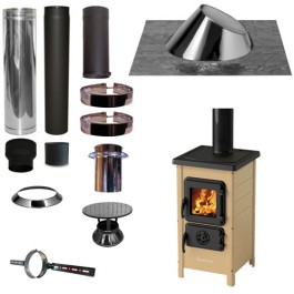 Houtkachel FUNNY Creme met set KAPSCHUUR loodslab 30-45 graden Ø130mm DINAK incl regenkap en enkelwandig materiaal | 123rookk...