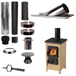 Houtkachel FUNNY Creme met set KAPSCHUUR loodslab 46-60 graden Ø130mm DINAK incl regenkap en enkelwandig materiaal | 123rookk...