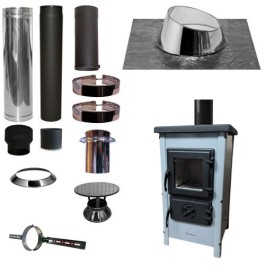 Houtkachel FUNNY Grijs met set KAPSCHUUR loodslab 5-30 graden Ø130mm DINAK incl regenkap en enkelwandig materiaal | 123rookka...