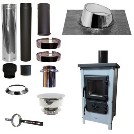 Houtkachel FUNNY Grijs met set KAPSCHUUR loodslab 5-30 graden Ø130mm DINAK incl trekkap en enkelwandig materiaal | 123rookkanaal