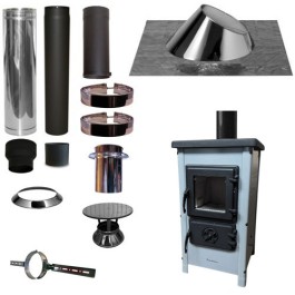 Houtkachel FUNNY Grijs met set KAPSCHUUR loodslab 30-45 graden Ø130mm DINAK incl regenkap en enkelwandig materiaal | 123rookk...