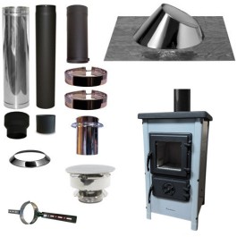 Houtkachel FUNNY Grijs met set KAPSCHUUR loodslab 30-45 graden Ø130mm DINAK incl trekkap en enkelwandig materiaal | 123rookka...