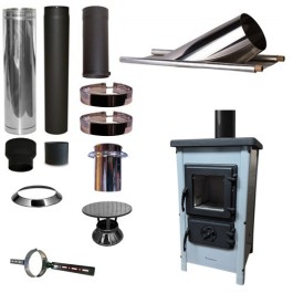 Houtkachel FUNNY Grijs met set KAPSCHUUR loodslab 46-60 graden Ø130mm DINAK incl regenkap en enkelwandig materiaal | 123rookk...