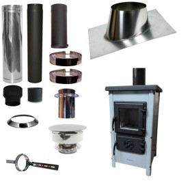 Houtkachel FUNNY Grijs met set VERANDA schuin dak 5-25 graden Ø130mm DINAK incl trekkap en enkelwandig materiaal | 123rookkanaal